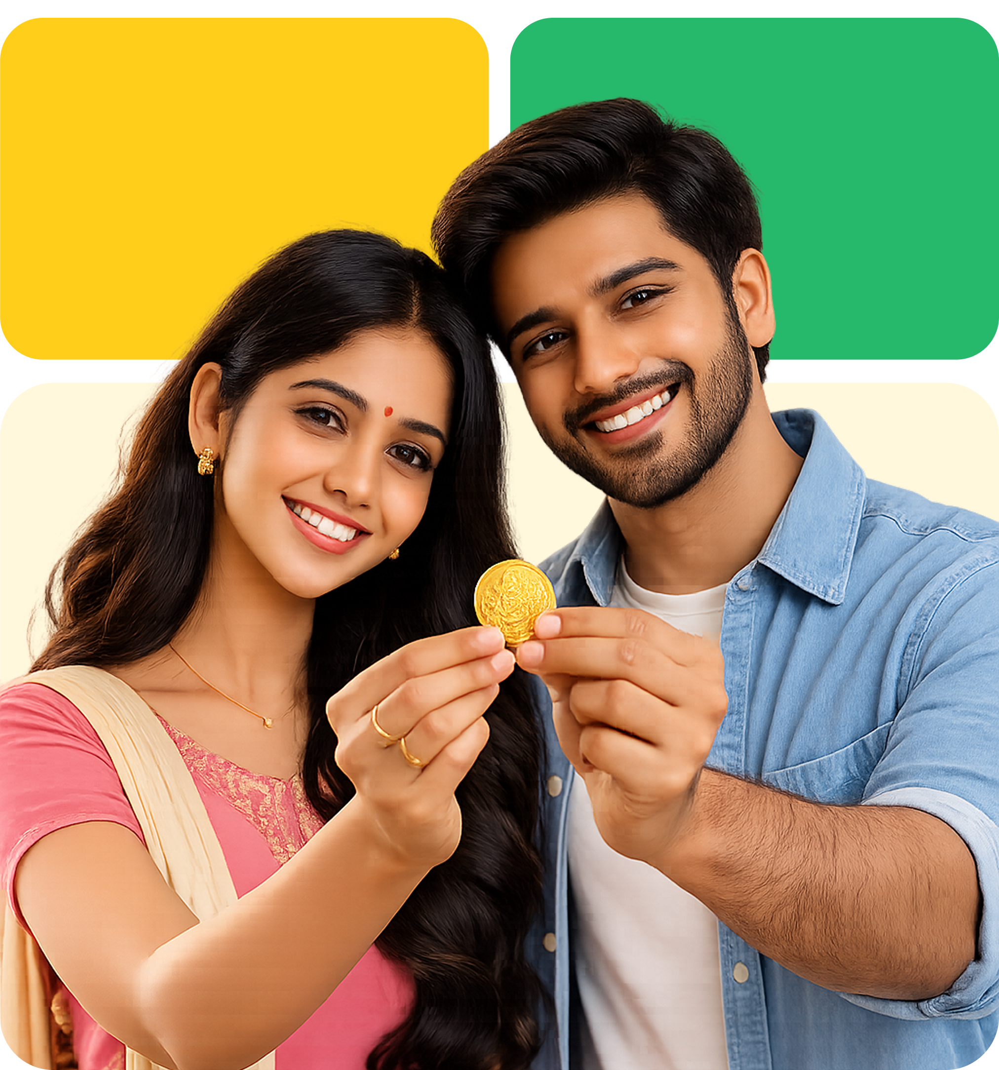 Happy couple holding GoldPe coin